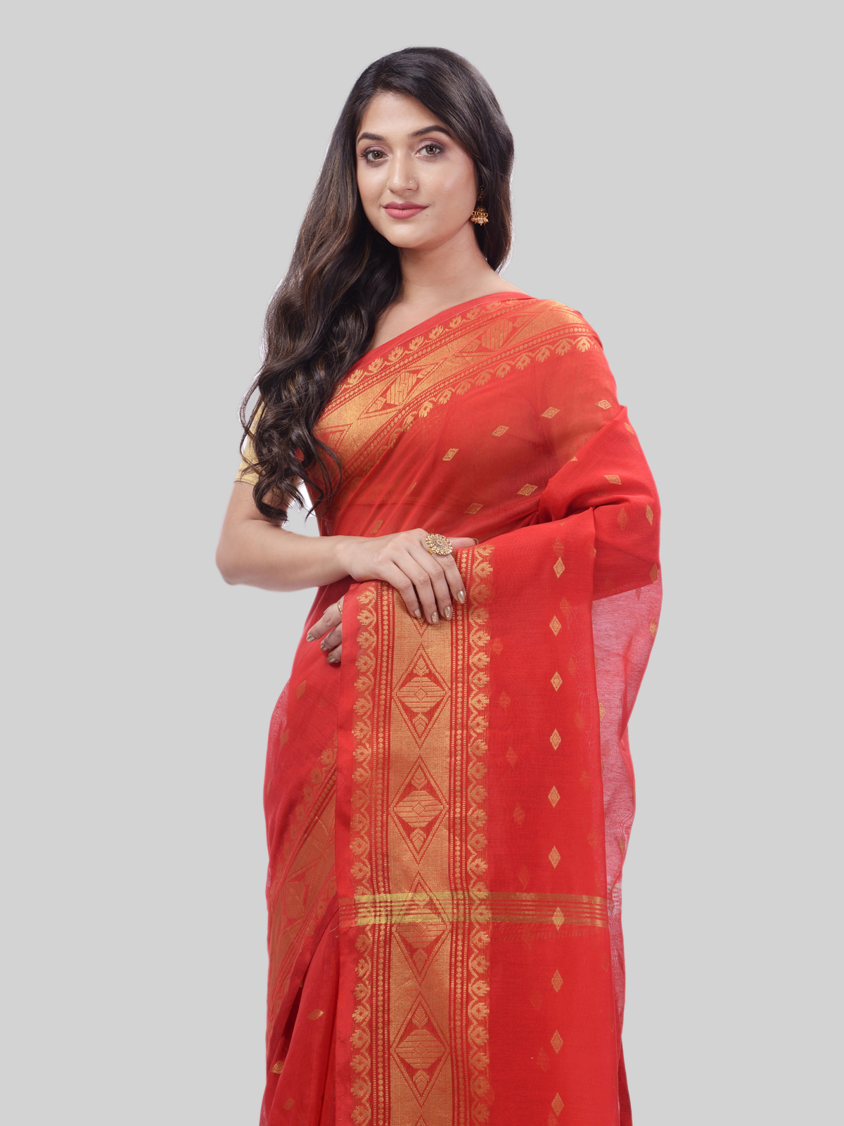 DESH BIDESH Women`s Bengal Cotton Silk Pure Handloom Cotton Saree Kohinoor Work With Blouse Piece(Red)